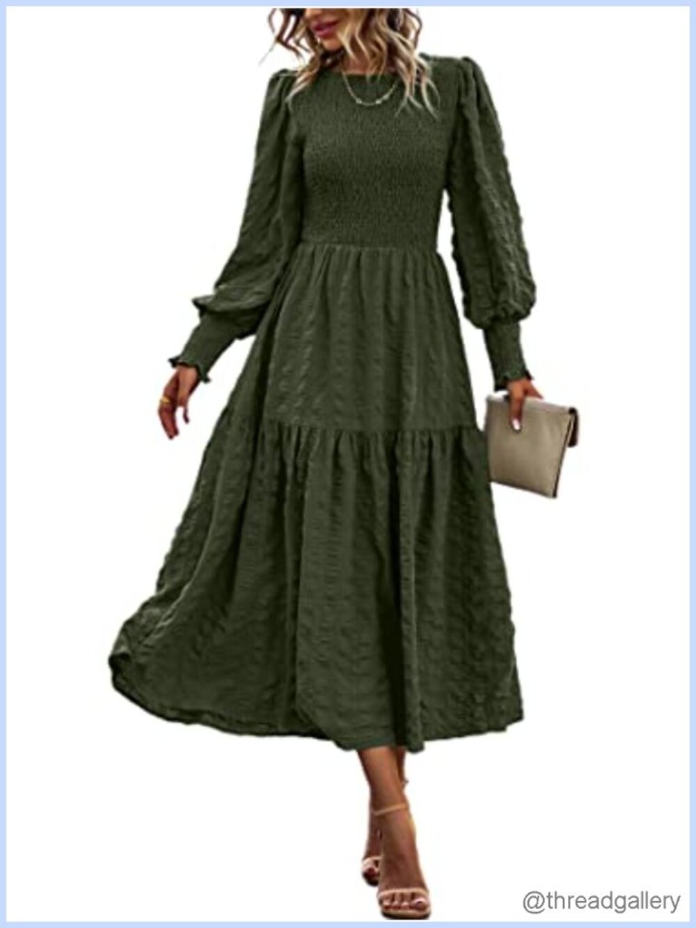Womens Smocked Maxi Dress Puff Long Sleeve Crewneck Tiered A-Line Flowy